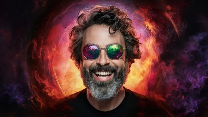 Sticker - A man with a beard and glasses is smiling in front of an explosion, AI