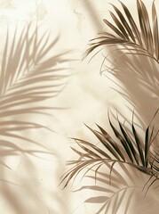 Wall Mural - Mock-up of tropical palm leaves against a white wall and cream pastel floor. Shadows on the palm leaves for a creative summer mockup.