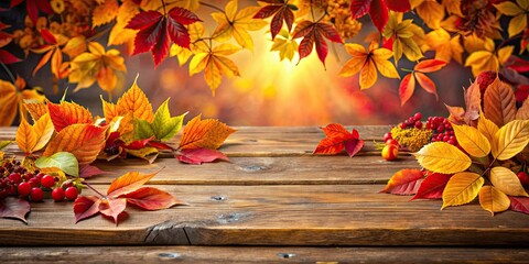 Wall Mural - Table adorned with vibrant red and yellow leaves , autumn, fall, nature, colorful, seasonal, foliage, decor, dining