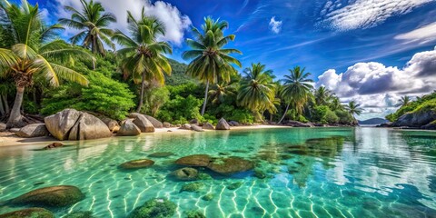 Sticker - Crystal clear water surrounded by lush palm trees in the Seychelles, Seychelles, tropical, paradise, beach, clear water