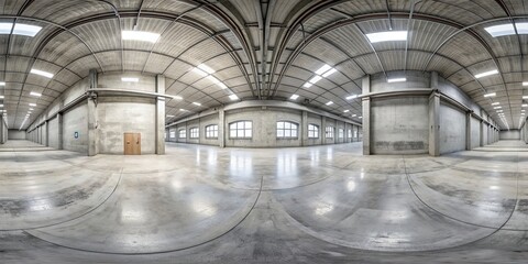 Wall Mural - Industrial empty concrete studio with overhead lights casting shadows 360 panorama VR environment map, industrial, empty