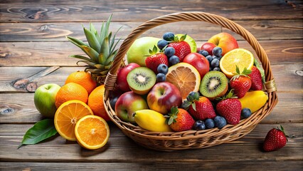 Sticker - Assortment of fresh fruits in a basket, fruit, healthy, organic, ripe, colorful, harvest, natural, nutrition, variety, market