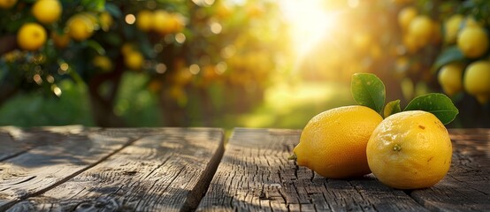 The background of this image is a blurred lemon farm with an empty wooden table top.