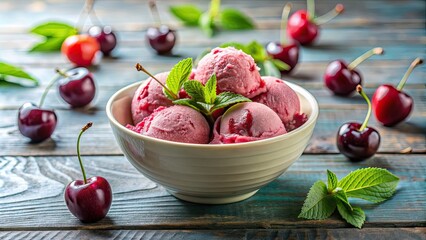 Canvas Print - Sour cherry ice cream with whole cherries, a refreshing summer dessert , sour, cherry, ice cream, refreshing, summer, dessert