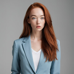 Poster - portrait of a young woman light blue suit and grey background