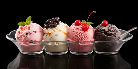 Canvas Print - icecream scoops in dish Isolated black background