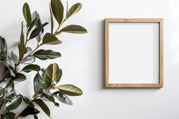 Poster - Photo of A vertical wooden frame mockup on white background with plant, simple composition, feminine style, flat lay