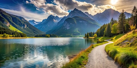 Canvas Print - Path leading to lake at the foot of mountains surrounded by beautiful landscape , serene, tranquil, nature, scenic