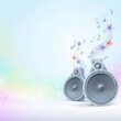 © Studio 54 - Colorful notes and flowers flying out of the loudspeakers. Creative aesthetic photo with vivid pastel background and big copy space.