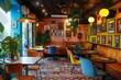 © Kateryna - Cozy and colorful cafe retro vintage interior featuring diverse seating arrangements and vibrant wall art. Generated AI