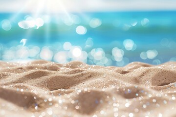 Wall Mural - Background of an abstract seascape with bokeh lights of calm sky and sea. Foreground with sand.