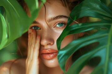 Wall Mural - Face of a woman with natural makeup behind a leaf of green