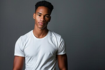 Wall Mural - confident young man in crisp white tshirt striking a casual pose against a minimalist gray backdrop studio lighting creating subtle shadows