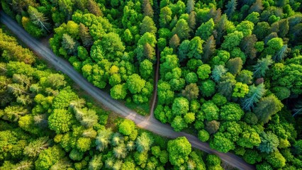 Canvas Print - Beautiful aerial view of lush green forest with a dirt road cutting through trees and foliage, panoramic, aerial view