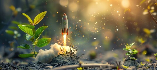 Wall Mural - a rocket that glides over land covered with plants