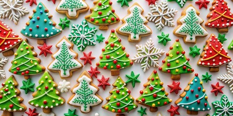 Canvas Print - Vibrant festive holiday background featuring colorful cookies in Christmas tree and snowflake patterns on a white surface, perfect for seasonal advertising and decorations.