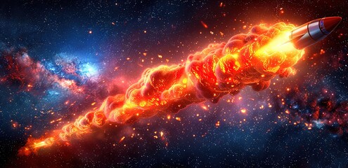 Wall Mural - a rocket that glides through the sky emits fiery smoke