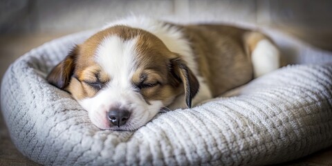 Canvas Print - Cute puppy peacefully sleeping on a cozy pillow, pet, dog, puppy, sleeping, nap, relaxing, cozy, comfortable, bed, resting, adorable