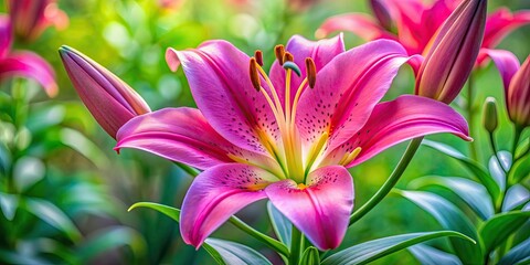 Sticker - Close up of vibrant pink lily flower blooming in the garden, pink, lily, flower, close up, vibrant, blooming, garden, beauty