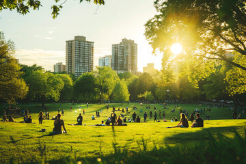 people enjoy a sunny day in a city park, relaxing on the grass surrounded by greenery and city build