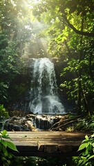 Wall Mural - Natural stone podium against a waterfall in a sunny forest, mockup