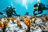 Scuba divers in full gear actively working underwater near vibrant coral reefs, contributing to marine conservation efforts in a clear blue ocean environment.