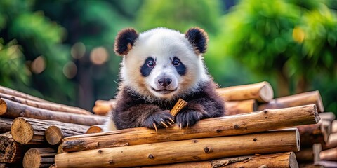 Sticker - Adorable baby panda playing with firewood , panda, baby, cute, animal, wood, burning, flames, playful, wildlife, forest