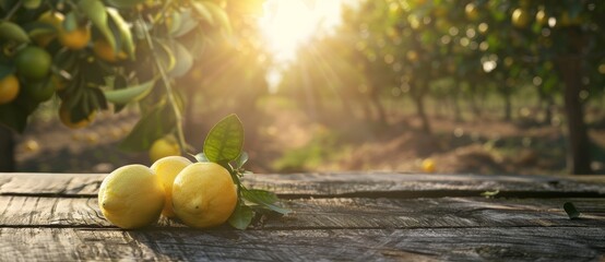 An empty wooden tabletop is framed by a blurred lemon farm background.