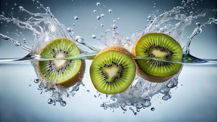 Sticker - Kiwi slices falling into water creating bubbles and splashes, kiwi, fruit, slices, water, bubbles, splashing, fresh, healthy