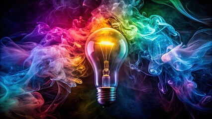 Poster - Light bulb surrounded by colorful smoke and water , vibrant, bright, glowing, colorful, abstract, creativity