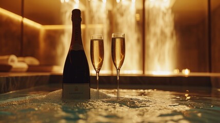 Wall Mural - A cinematic snapshot of a bottle of champagne and two glasses in a luxury spa  AI genrated illustration