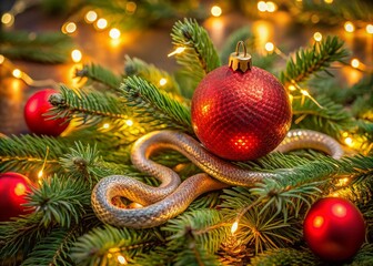 Poster - A serpent coils around a vibrant red Christmas ornament on a twinkling tree, surrounded by soft fairy lights, symbolizing the 2025 Year of the Snake.