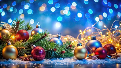 Poster - Christmas decorations including ornaments, lights, and tinsel on a vibrant blue background, Christmas, decoration, ornaments