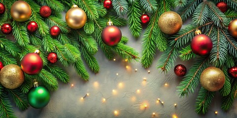 Wall Mural - Christmas background with green branches and shiny red and gold balls, Christmas, background, branches, balls, green, shiny