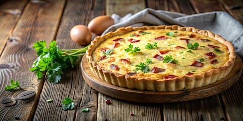 Poster - Quiche Lorraine on rustic wooden table , French, cuisine, traditional, dish, savory, baked, pastry, eggs, bacon, cheese