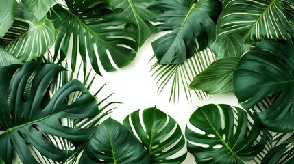 Wall Mural - A collection of overlapping large green tropical leaves isolated on a white canvas  AI genrated illustration