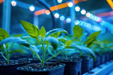 Wall Mural - seedlings in greenhouse with neon lighting, growing plants using modern technologies