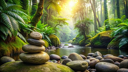 Poster - Meditative stones in the rainforest, symbolizing tranquility, unity with nature, and inner peace, meditation, stones