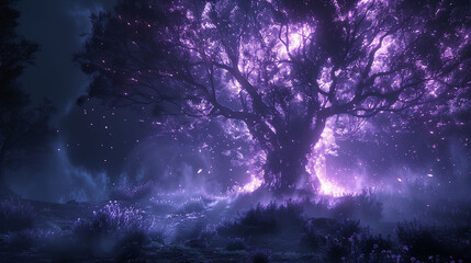 Wall Mural - Mystical glowing tree in a foggy forest