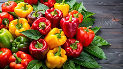 Sticker - A vibrant pile of red and yellow peppers topped with a fresh green leaf, vegetables, organic, colorful, tasty, ripe