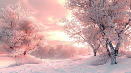 Canvas Print - Winter Wonderland: Snow-Covered Trees and Pink Sunrise Sky