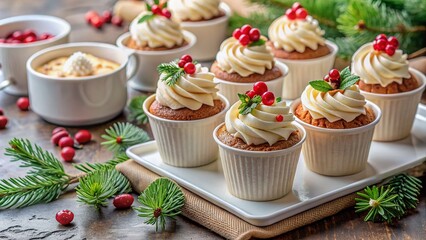 Xmas idea dessert homemade mini cake in white disposable coffee cups new confectionery trend Paper cups with cakey are in a box fashionable dessert Home baking idea for holidays small business