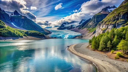 Sticker - Wide angle view of a long deep fjord with blue water, a large glacier hanging in the background, green trees