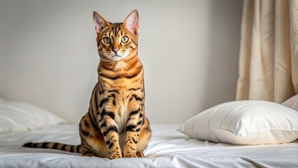 Canvas Print - Bengal cat sitting on bed looking contemplative , Bengal, cat, bed, sit, contemplate, thoughtful, distance, fur, domestic, pet