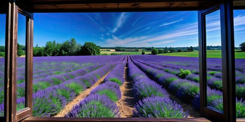 Canvas Print - Illustrated view from terrace window overlooking beautiful lavender field, lavender, field, terrace, window, view