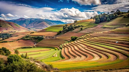 Poster - Stunning panoramic view of vast terraced field landscape, terraced, field, landscape, agriculture, green, plantation, rural