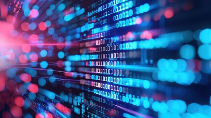 Binary code streams, futuristic cyberspace, digital network, neon glow