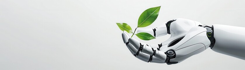 Futuristic robot hand, ecofriendly design, holding leaf, green technology