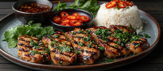 Canvas Print - Grilled Chicken with Rice, Cilantro and Chili Peppers