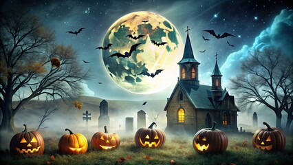 Wall Mural - Spooky Halloween night scene with a full moon shining on bats flying over pumpkins